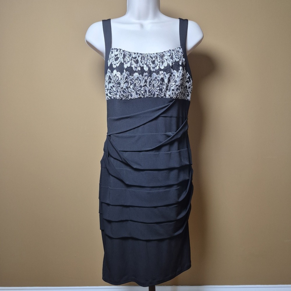 Black Silver Floral Lace Tiered Ruffle Cocktail‎ Dress Sleeveless Bodycon